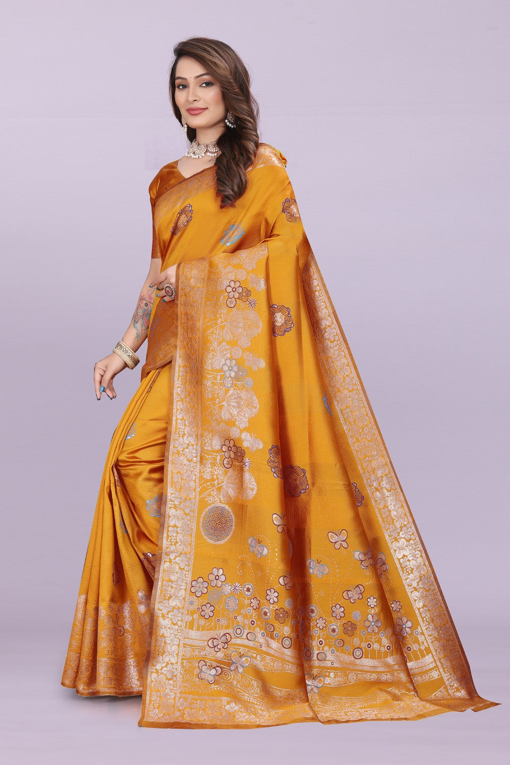 Banarasi Silk Saree with Floral Zari Border – Elegant Wedding & Festive Wear