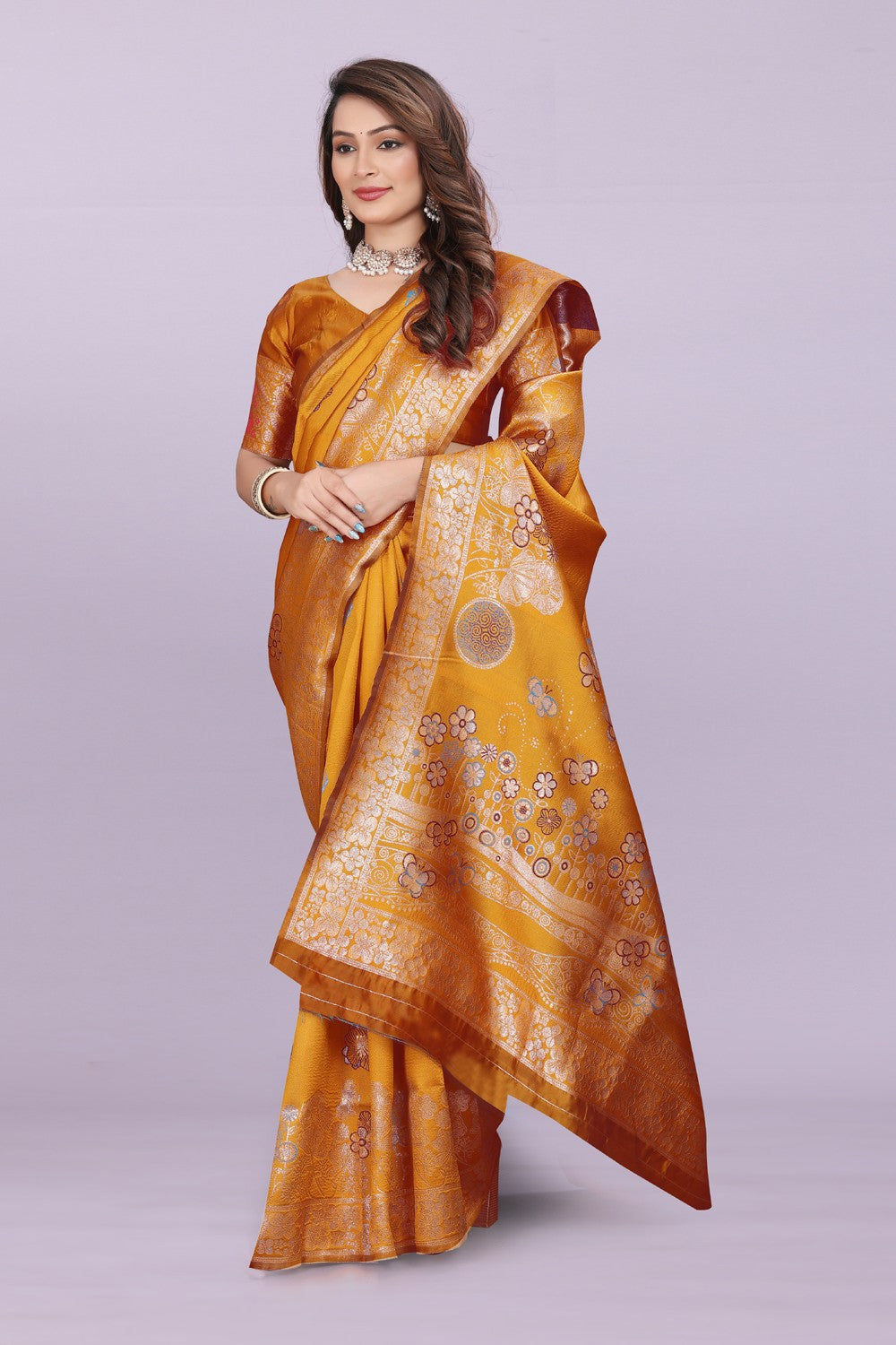 Banarasi Silk Saree with Floral Zari Border – Elegant Wedding & Festive Wear