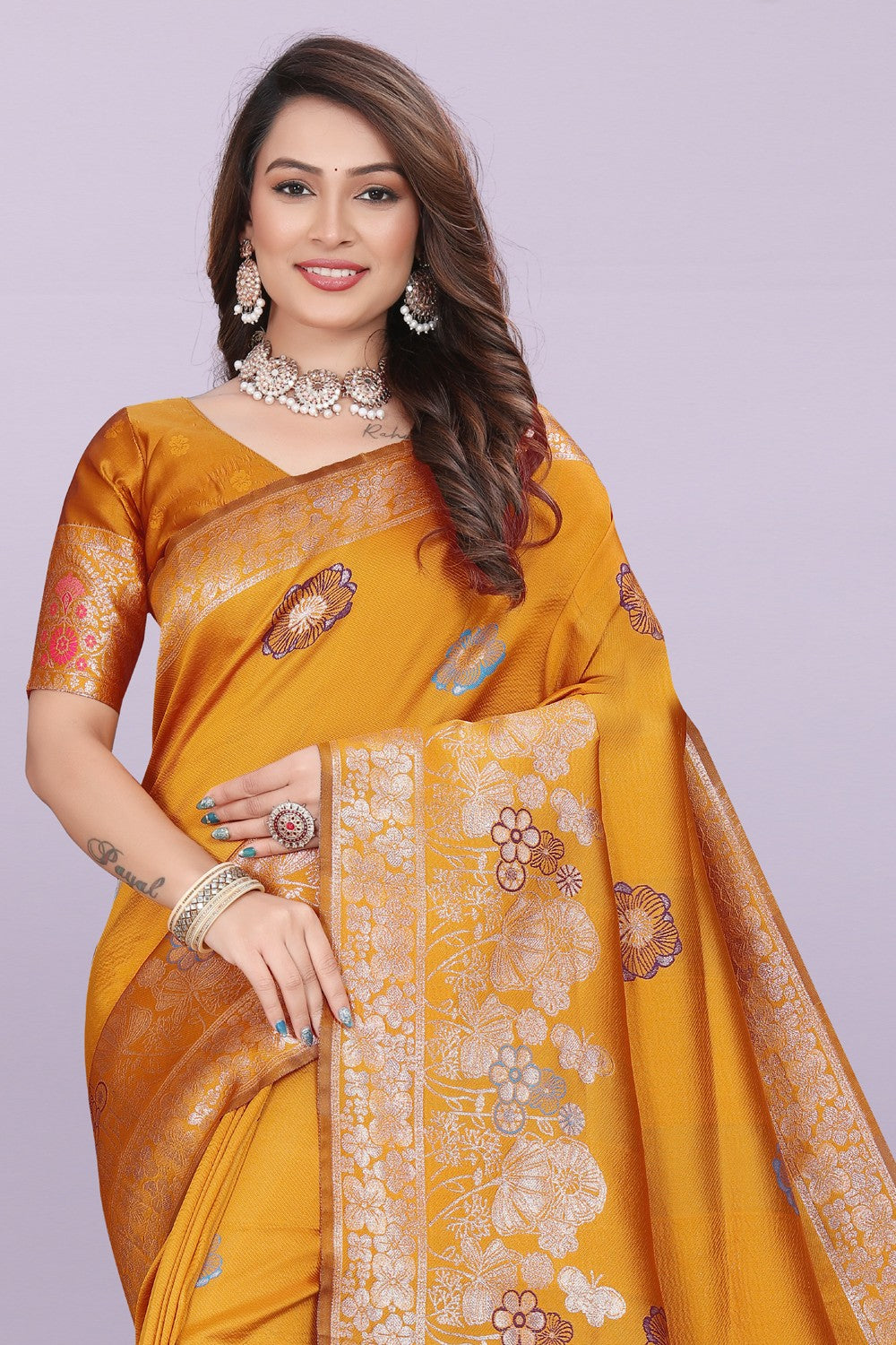 Banarasi Silk Saree with Floral Zari Border – Elegant Wedding & Festive Wear