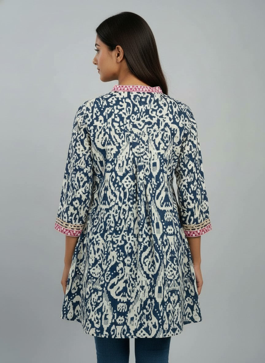 Designer Women’s Tunic Top | Ikat Print A-Line Ethnic Kurti with V-Neck