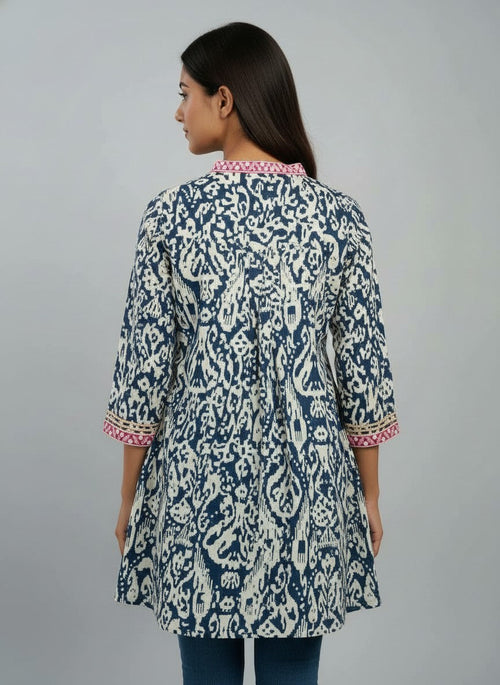 Designer Women’s Tunic Top | Ikat Print A-Line Ethnic Kurti with V-Neck