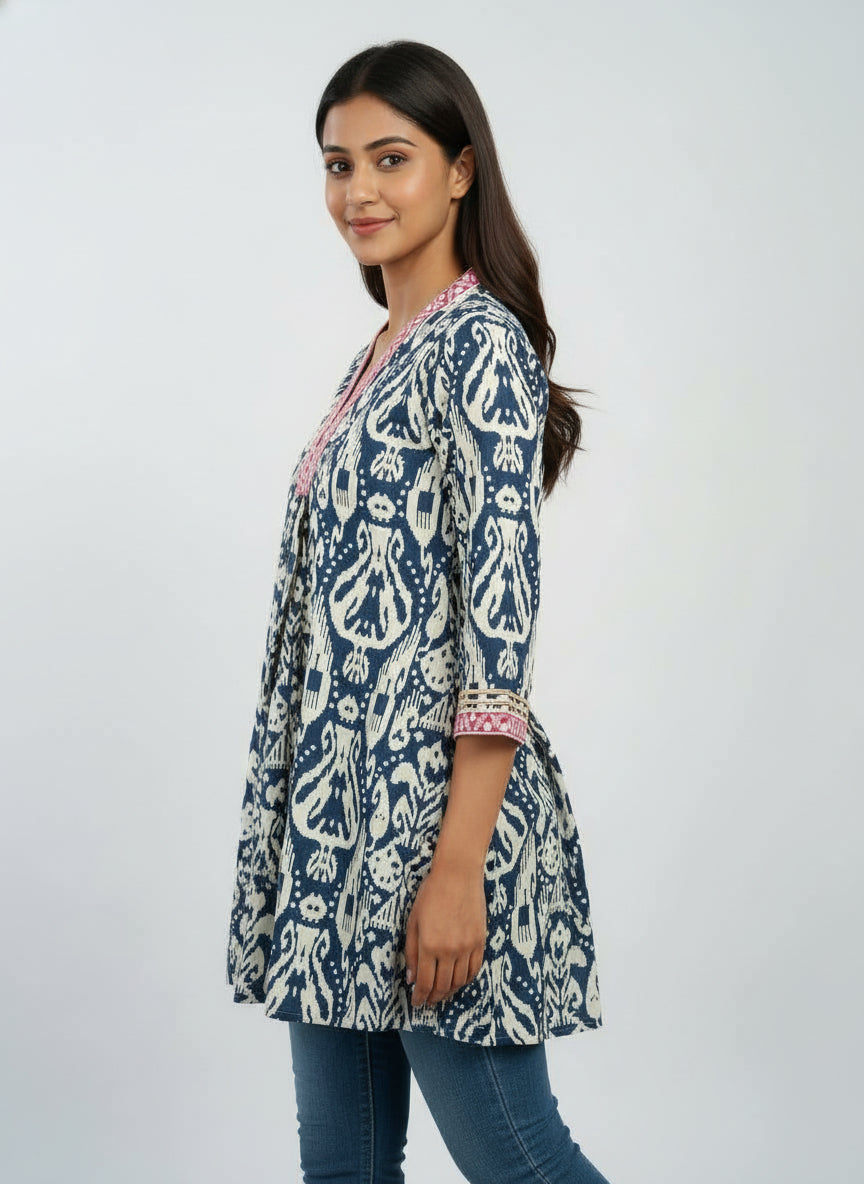 Designer Women’s Tunic Top | Ikat Print A-Line Ethnic Kurti with V-Neck