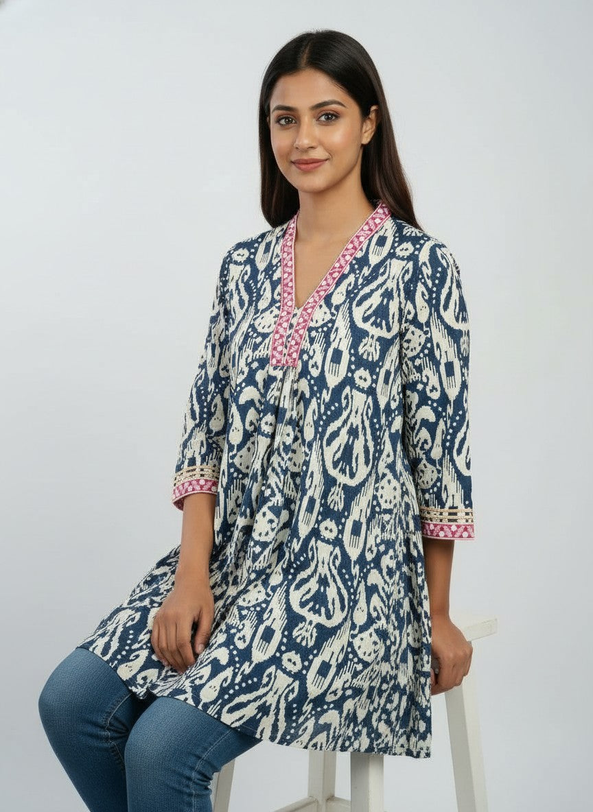 Designer Women’s Tunic Top | Ikat Print A-Line Ethnic Kurti with V-Neck