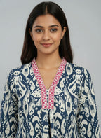 Designer Women’s Tunic Top | Ikat Print A-Line Ethnic Kurti with V-Neck