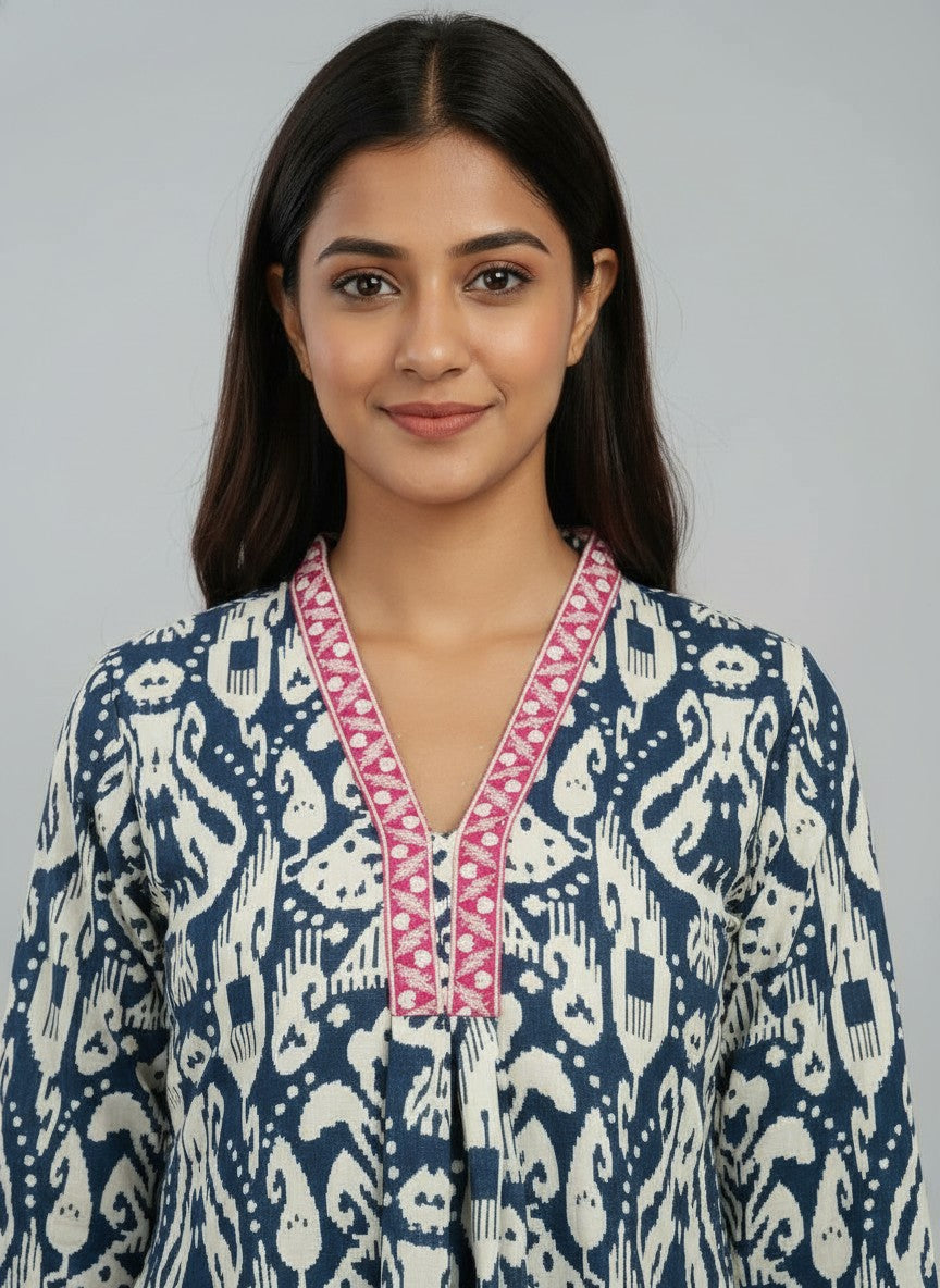 Designer Women’s Tunic Top | Ikat Print A-Line Ethnic Kurti with V-Neck