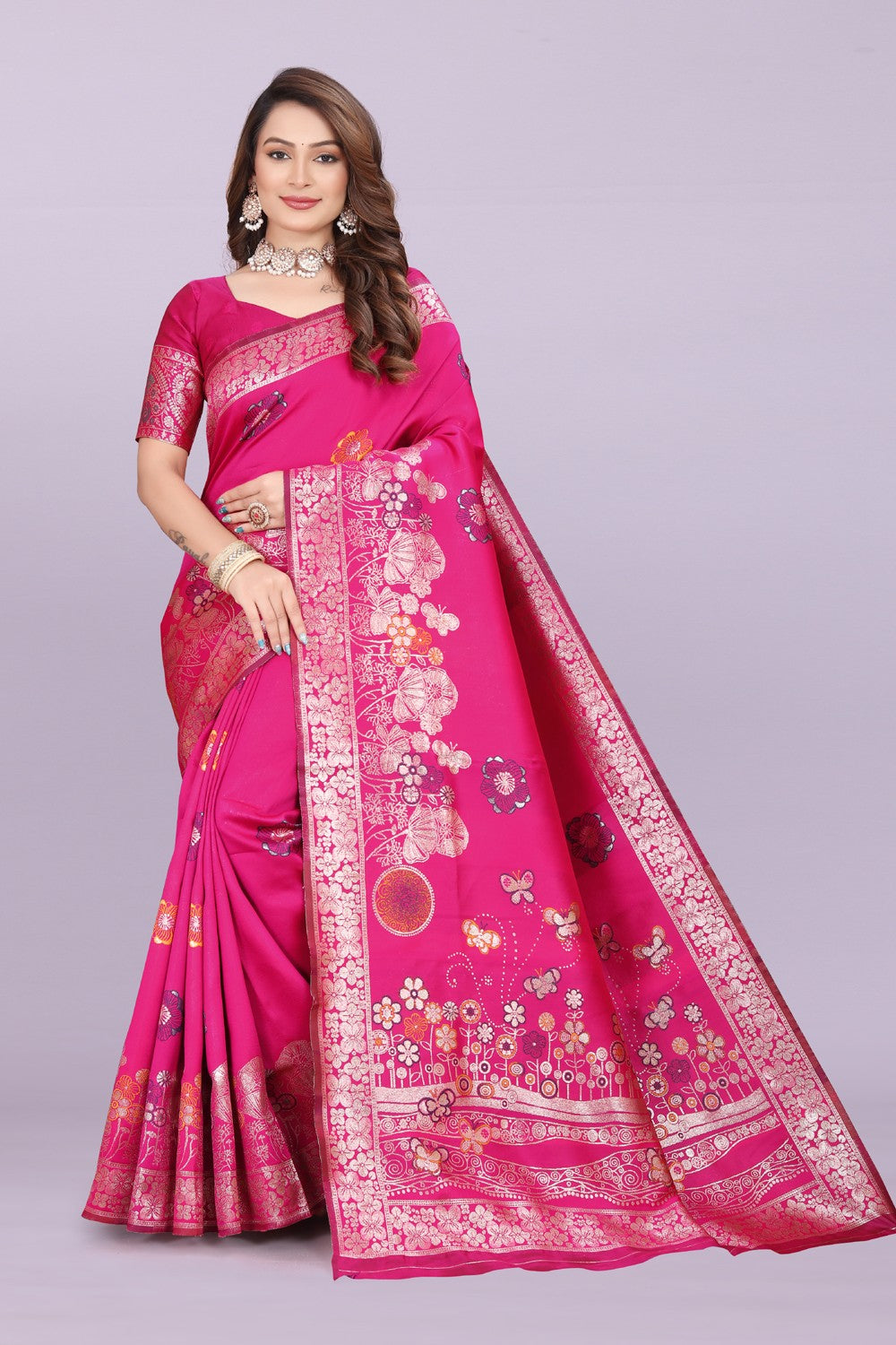 Banarasi Silk Saree with Floral Zari Border – Elegant Wedding & Festive Wear