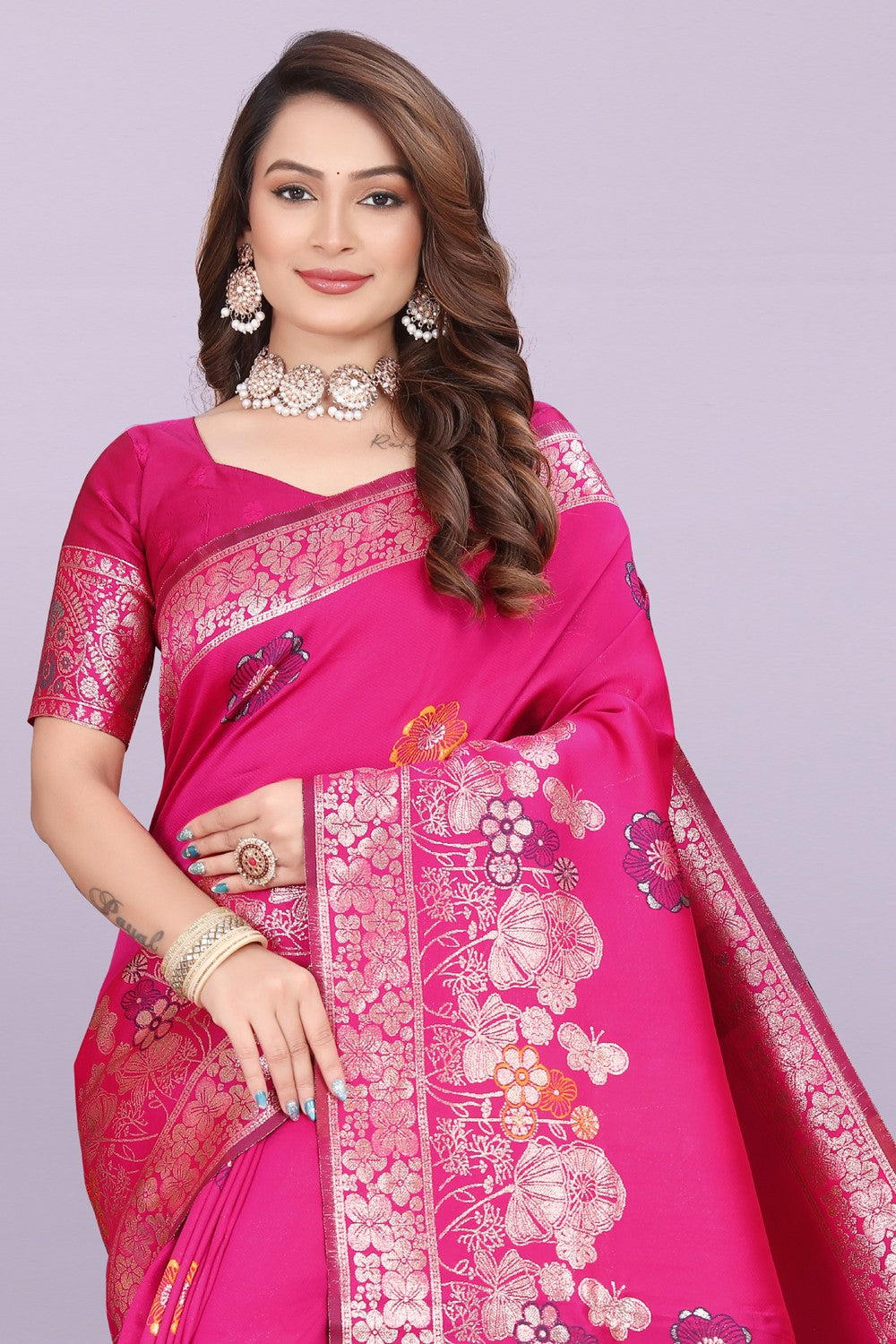 Banarasi Silk Saree with Floral Zari Border – Elegant Wedding & Festive Wear