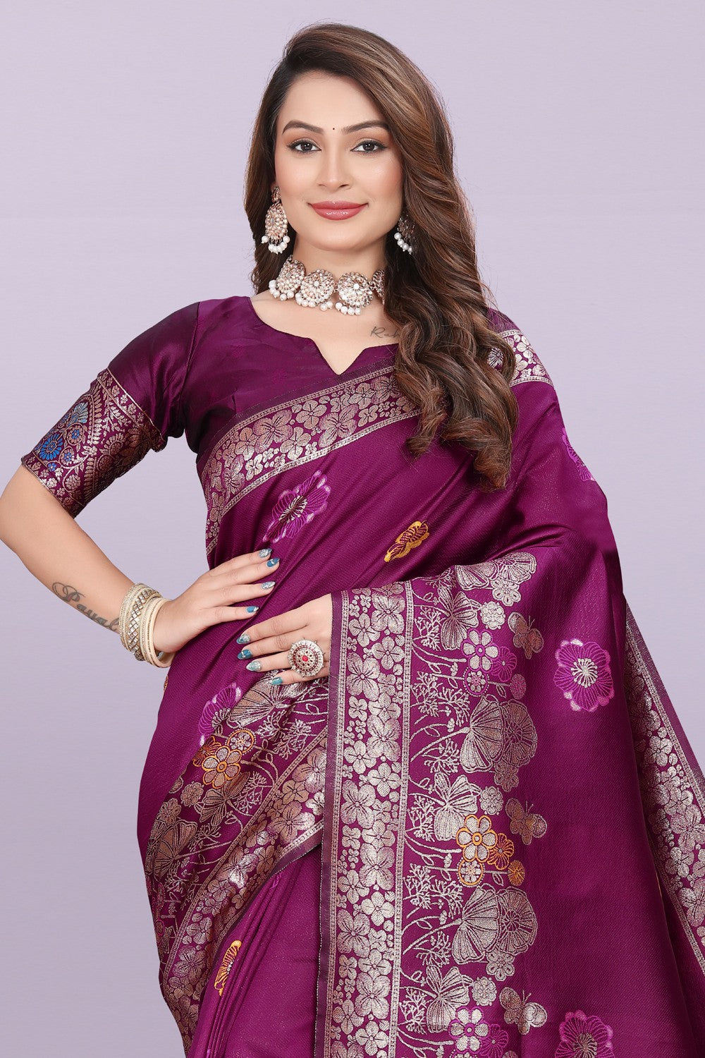Banarasi Silk Saree with Floral Zari Border – Elegant Wedding & Festive Wear