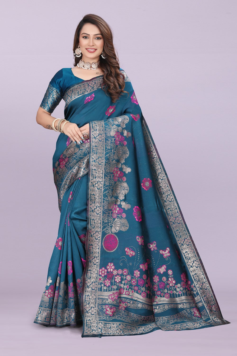 Banarasi Silk Saree with Floral Zari Border – Elegant Wedding & Festive Wear