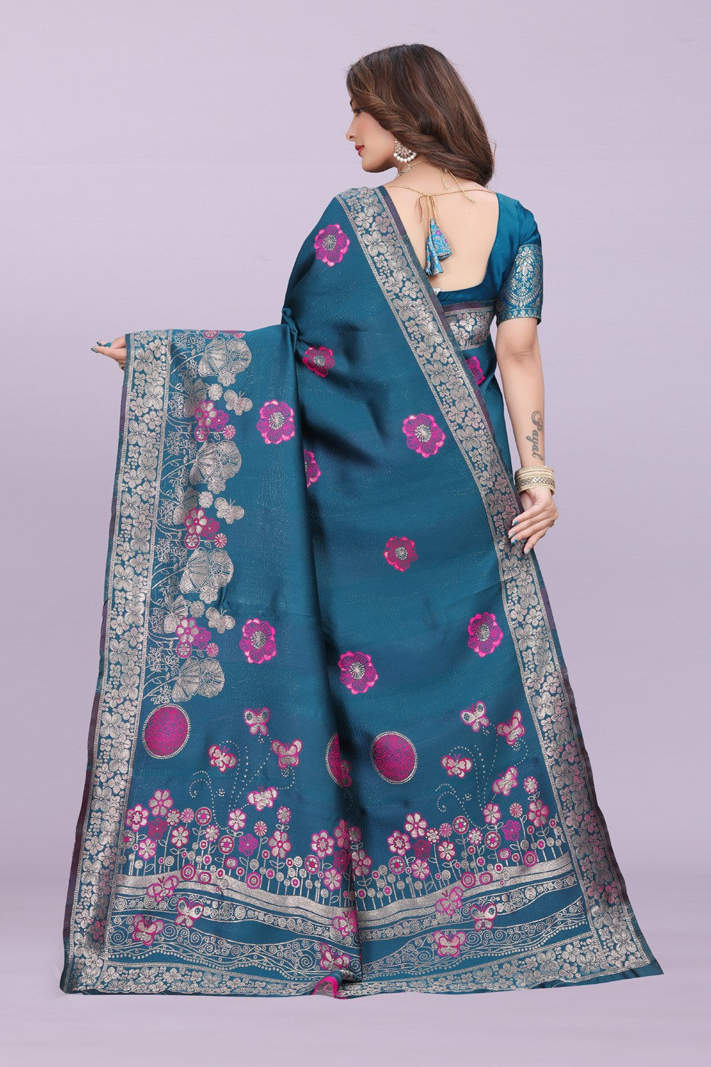 Banarasi Silk Saree with Floral Zari Border – Elegant Wedding & Festive Wear
