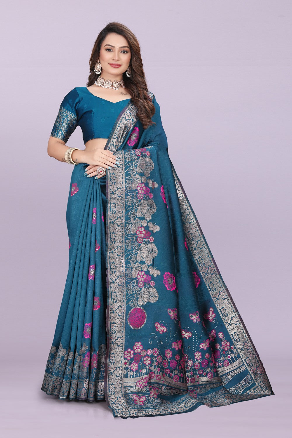 Banarasi Silk Saree with Floral Zari Border – Elegant Wedding & Festive Wear