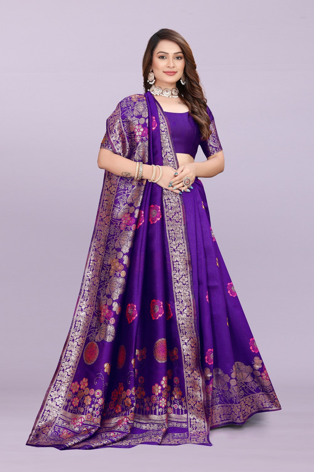 Banarasi Silk Saree with Floral Zari Border – Elegant Wedding & Festive Wear