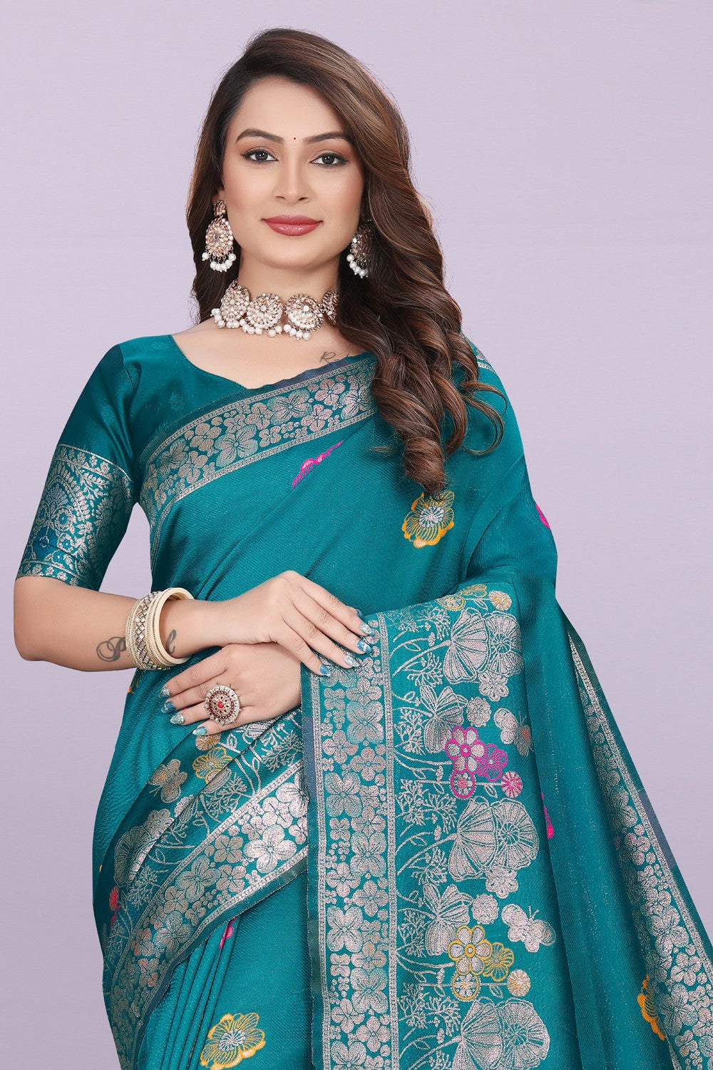 Banarasi Silk Saree with Floral Zari Border – Elegant Wedding & Festive Wear