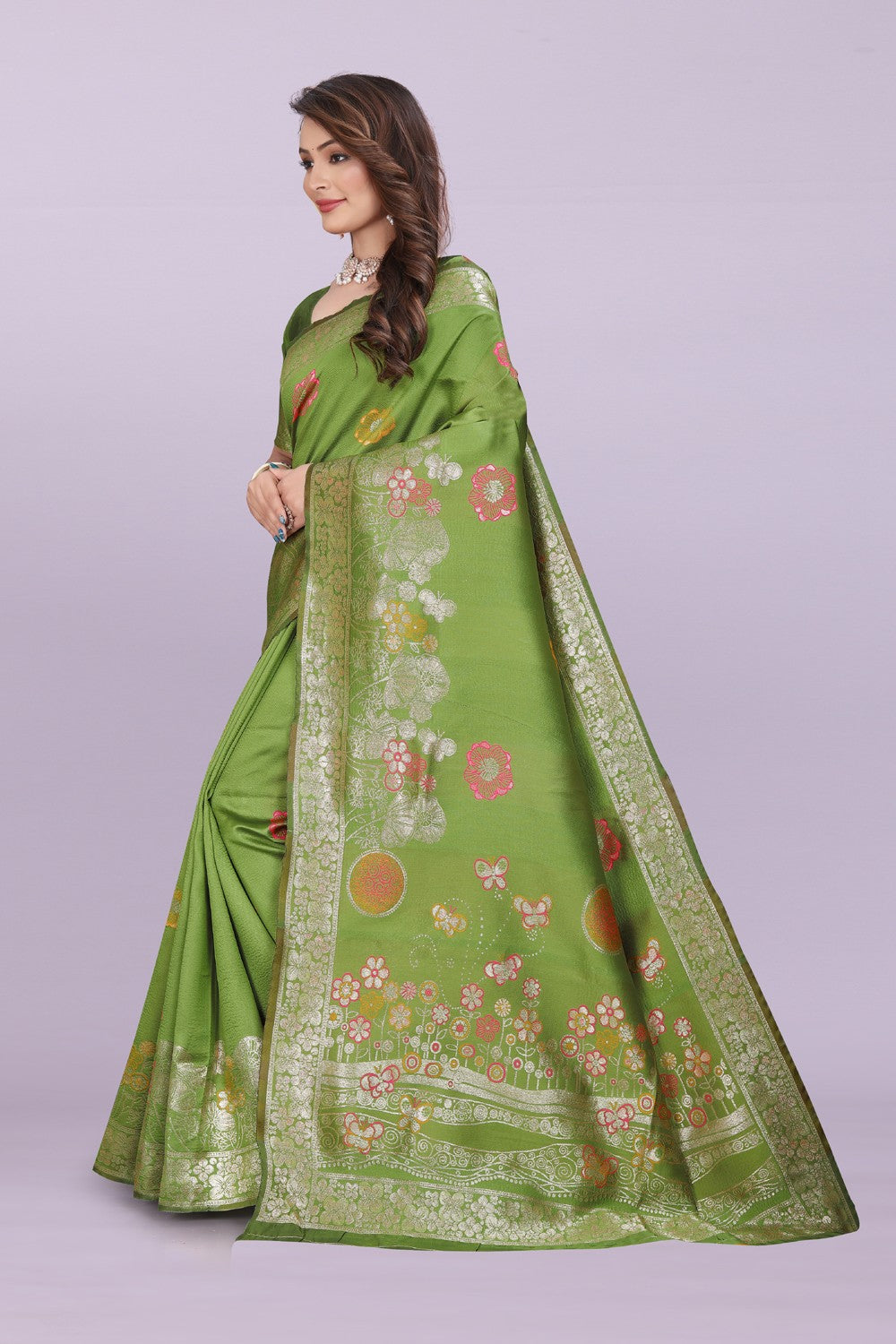 Banarasi Silk Saree with Floral Zari Border – Elegant Wedding & Festive Wear