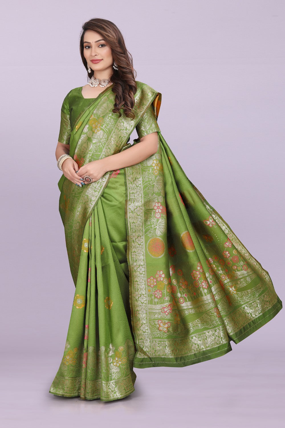 Banarasi Silk Saree with Floral Zari Border – Elegant Wedding & Festive Wear