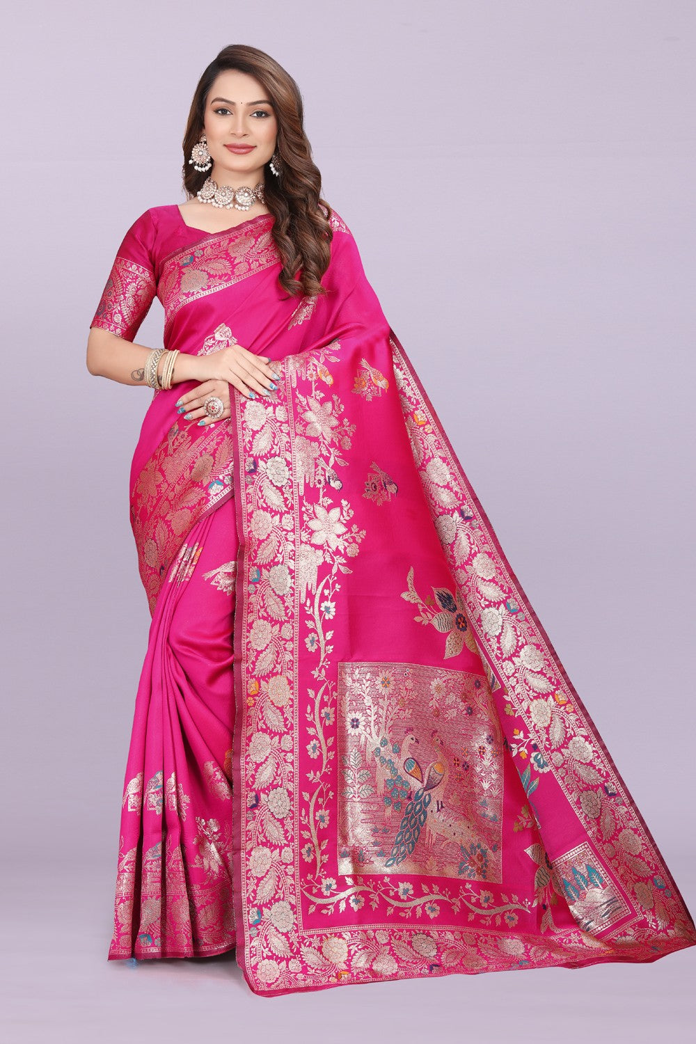 Silk Saree with Peacock Motif & Zari Border – Festive & Wedding Wear for Women