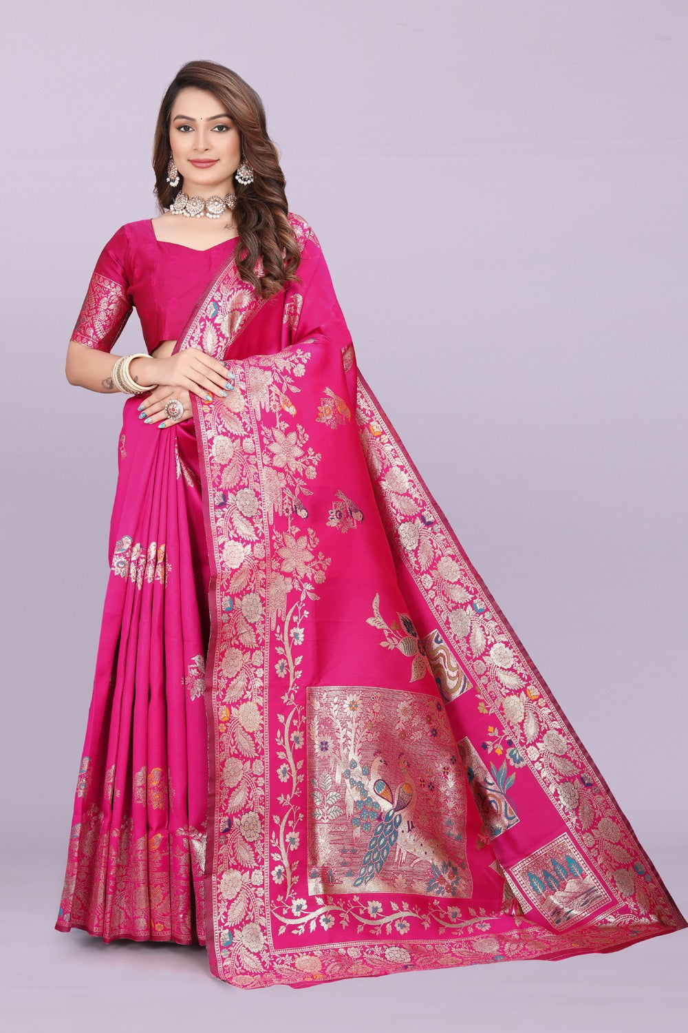 Silk Saree with Peacock Motif & Zari Border – Festive & Wedding Wear for Women