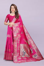 Silk Saree with Peacock Motif & Zari Border – Festive & Wedding Wear for Women