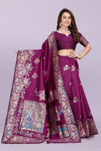 Silk Saree with Peacock Motif & Zari Border – Festive & Wedding Wear for Women