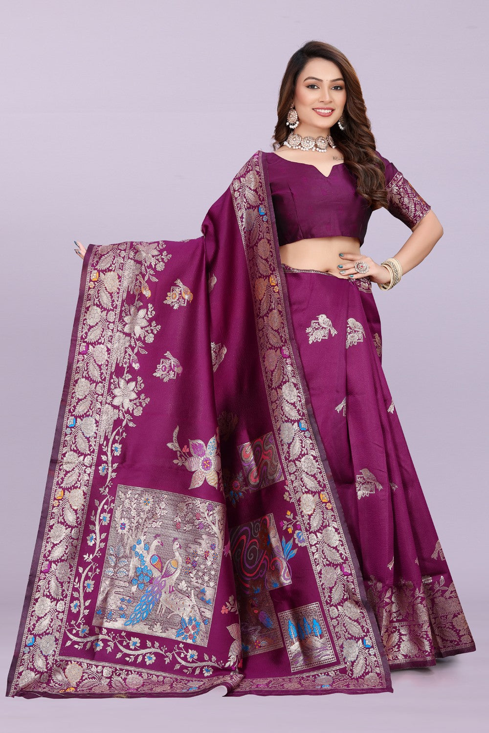 Silk Saree with Peacock Motif & Zari Border – Festive & Wedding Wear for Women