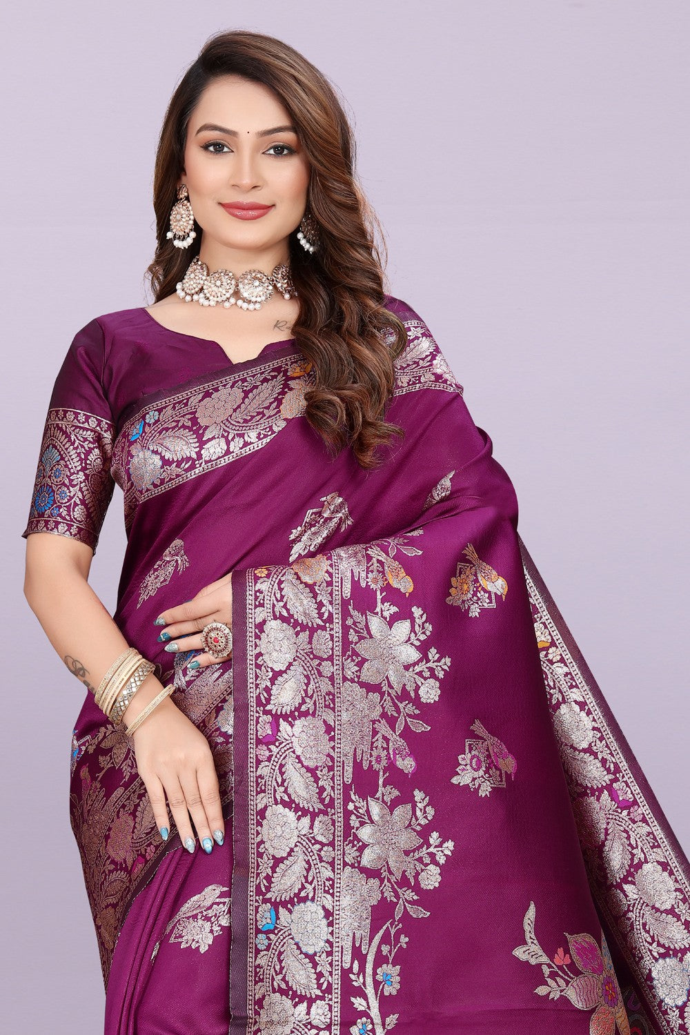 Silk Saree with Peacock Motif & Zari Border – Festive & Wedding Wear for Women