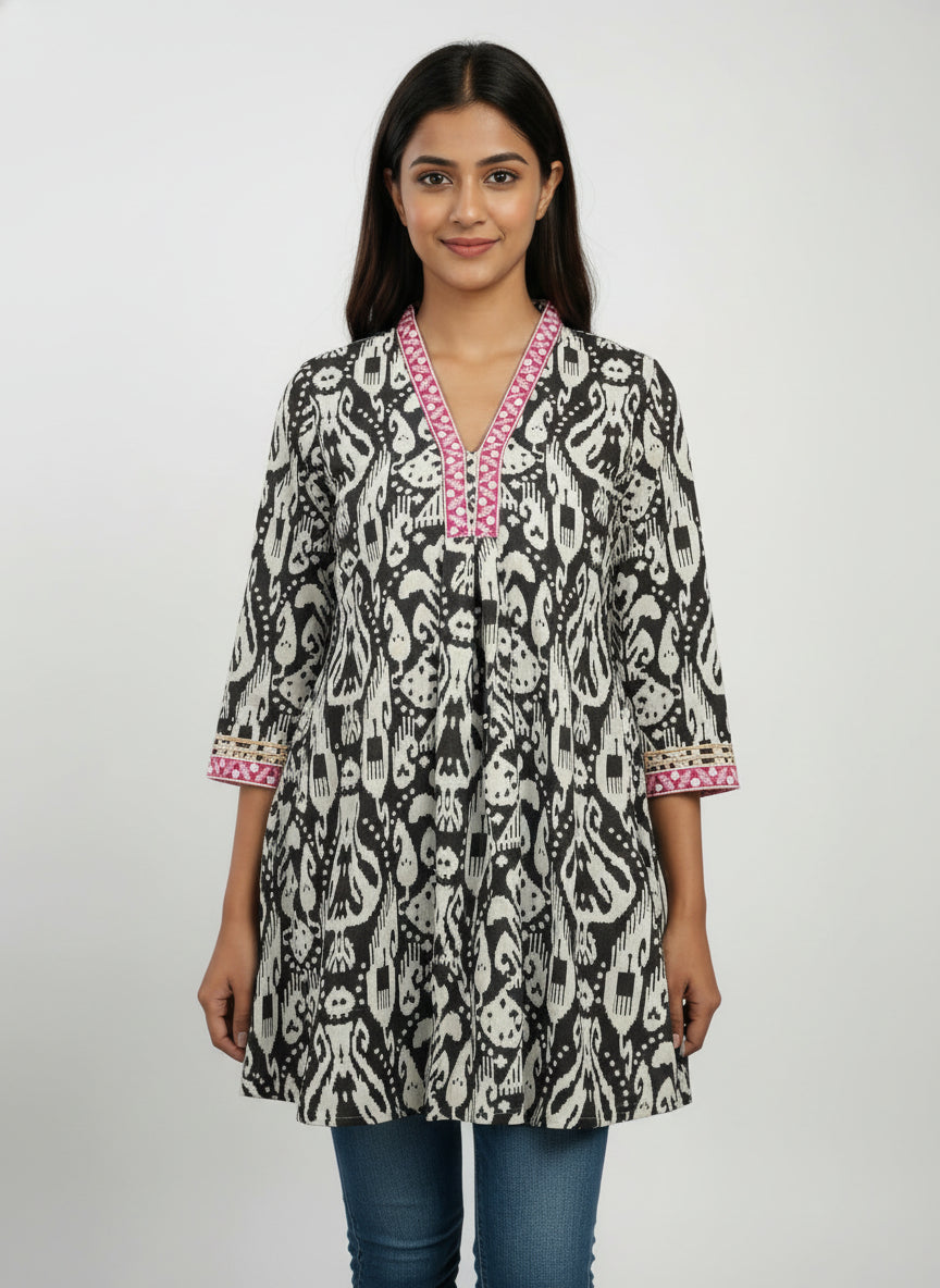 Designer Women’s Tunic Top | Ikat Print A-Line Ethnic Kurti with V-Neck