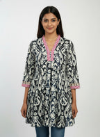 Designer Women’s Tunic Top | Ikat Print A-Line Ethnic Kurti with V-Neck