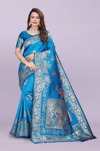 Silk Saree with Peacock Motif & Zari Border – Festive & Wedding Wear for Women