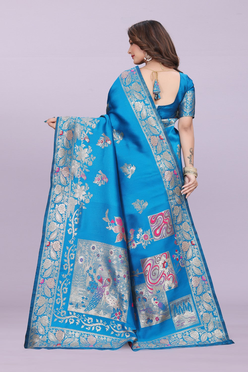 Silk Saree with Peacock Motif & Zari Border – Festive & Wedding Wear for Women