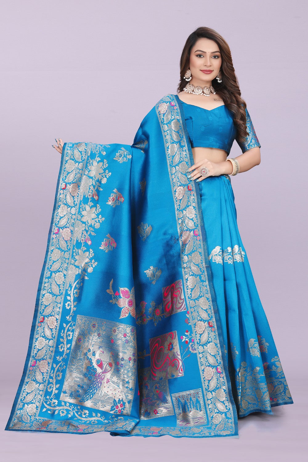 Silk Saree with Peacock Motif & Zari Border – Festive & Wedding Wear for Women