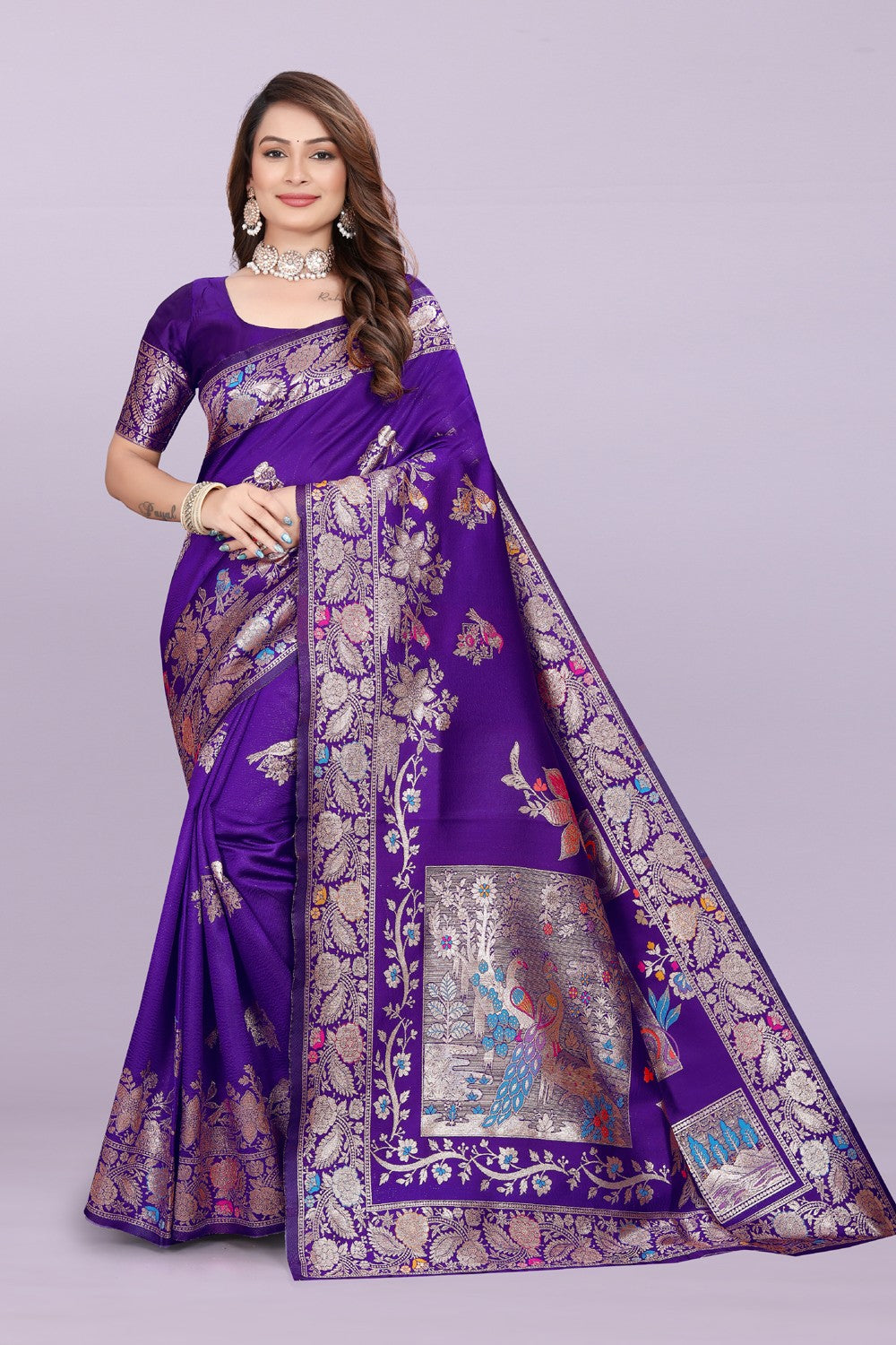 Silk Saree with Peacock Motif & Zari Border – Festive & Wedding Wear for Women