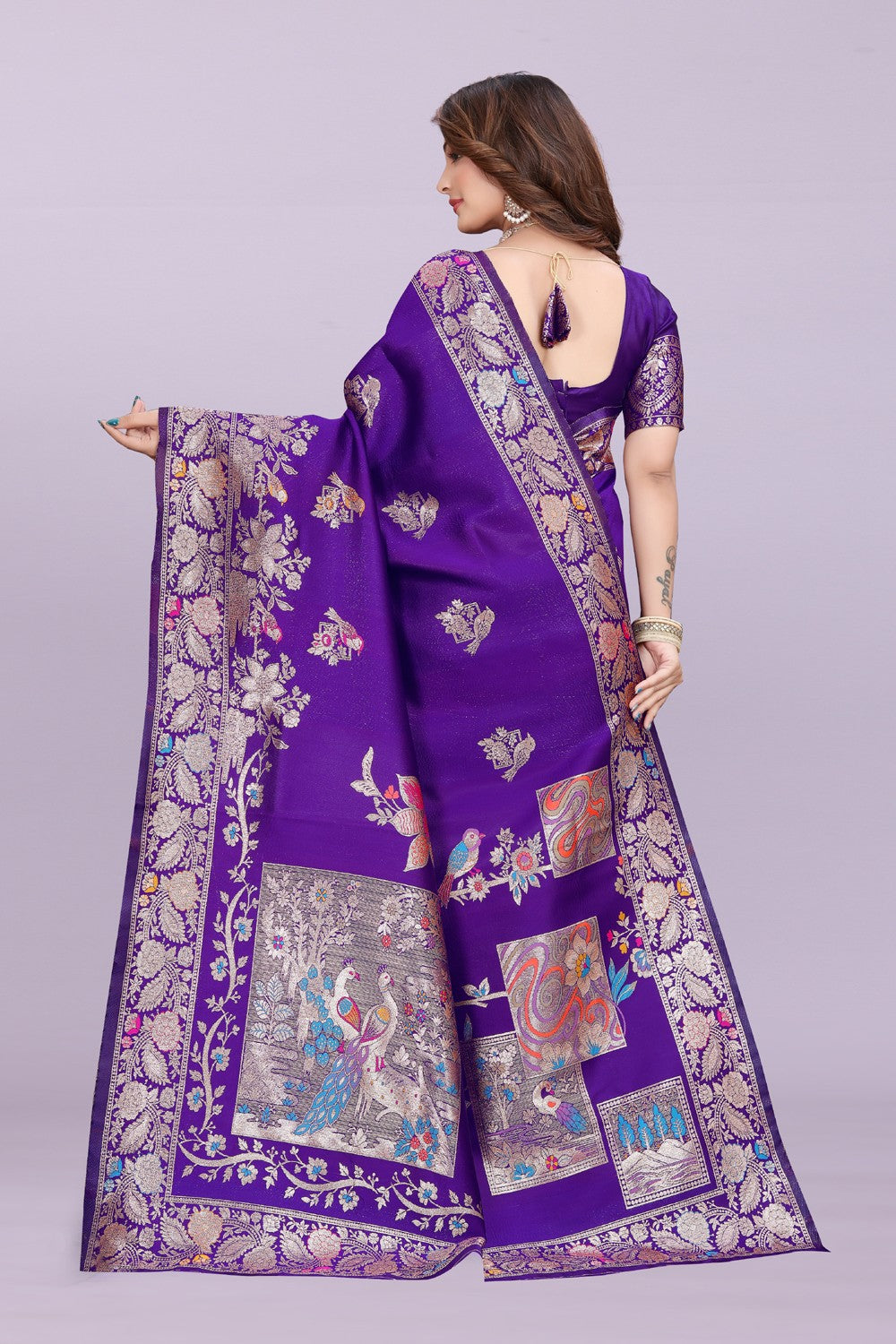 Silk Saree with Peacock Motif & Zari Border – Festive & Wedding Wear for Women