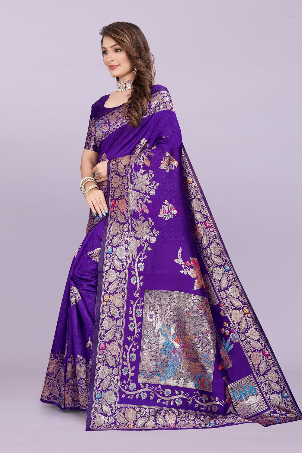 Silk Saree with Peacock Motif & Zari Border – Festive & Wedding Wear for Women