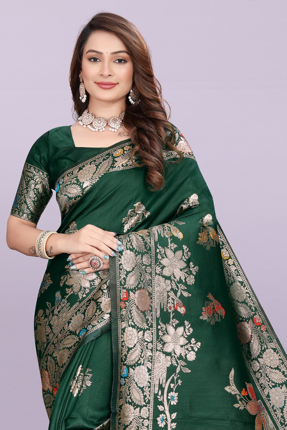 Silk Saree with Peacock Motif & Zari Border – Festive & Wedding Wear for Women