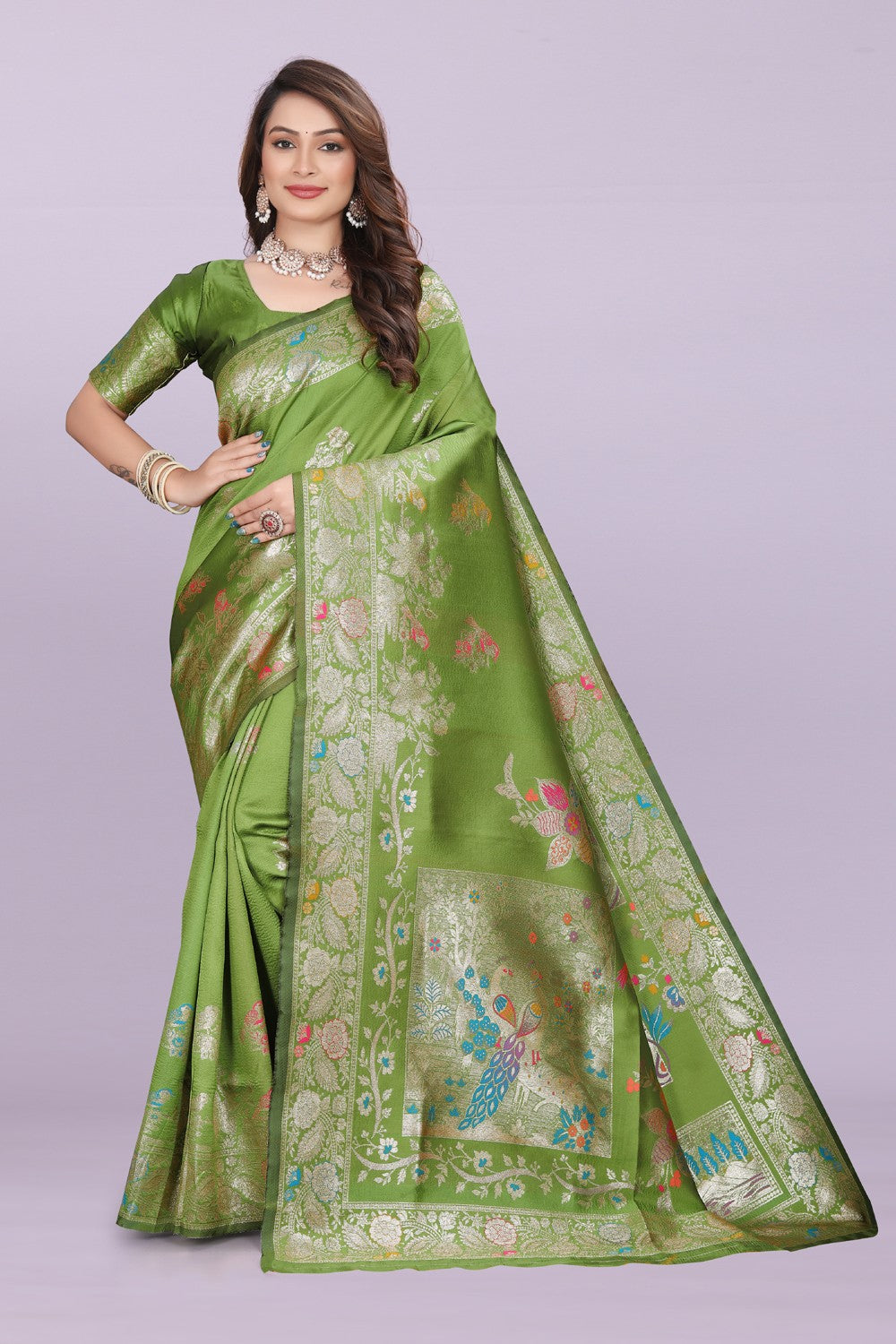 Silk Saree with Peacock Motif & Zari Border – Festive & Wedding Wear for Women