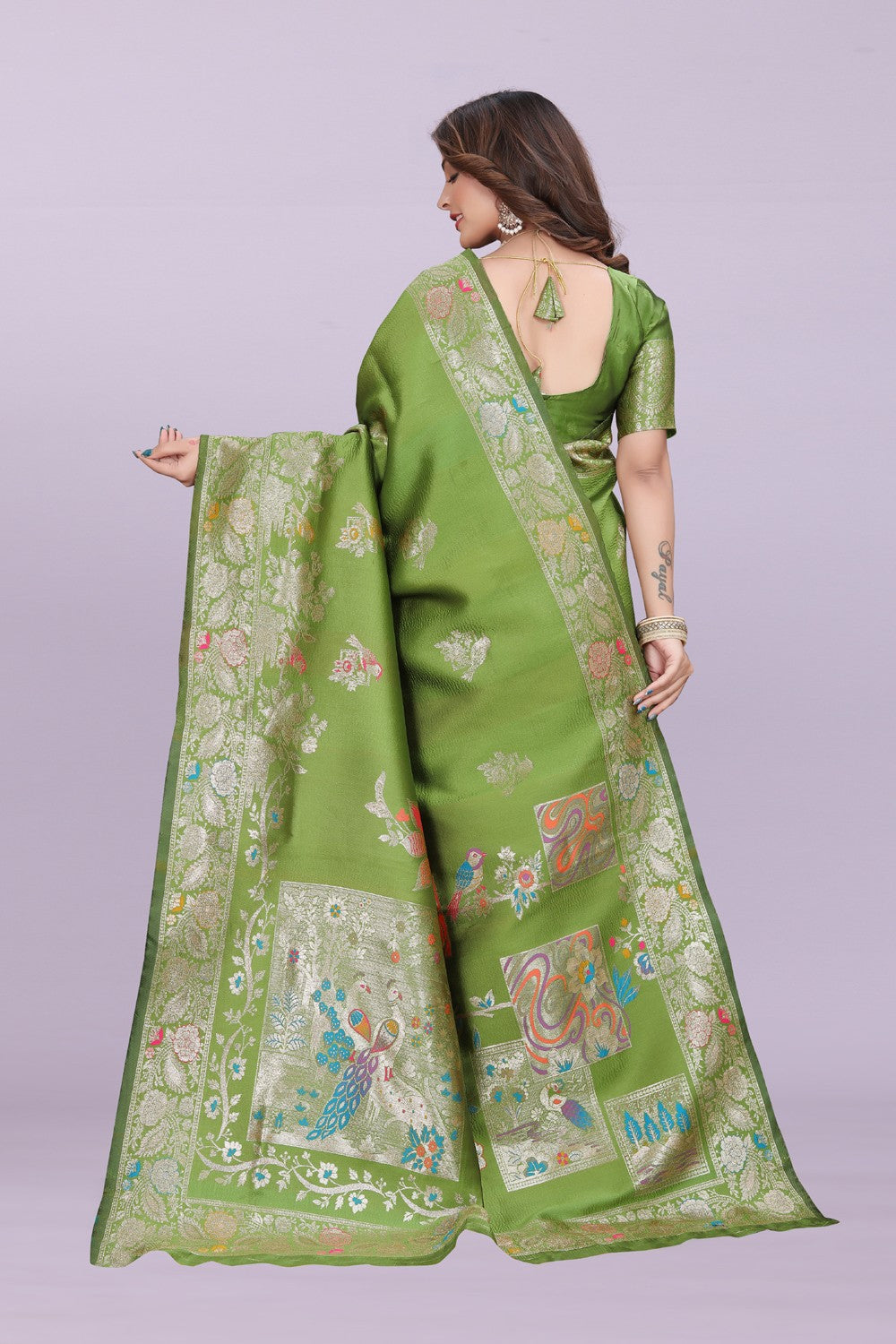 Silk Saree with Peacock Motif & Zari Border – Festive & Wedding Wear for Women