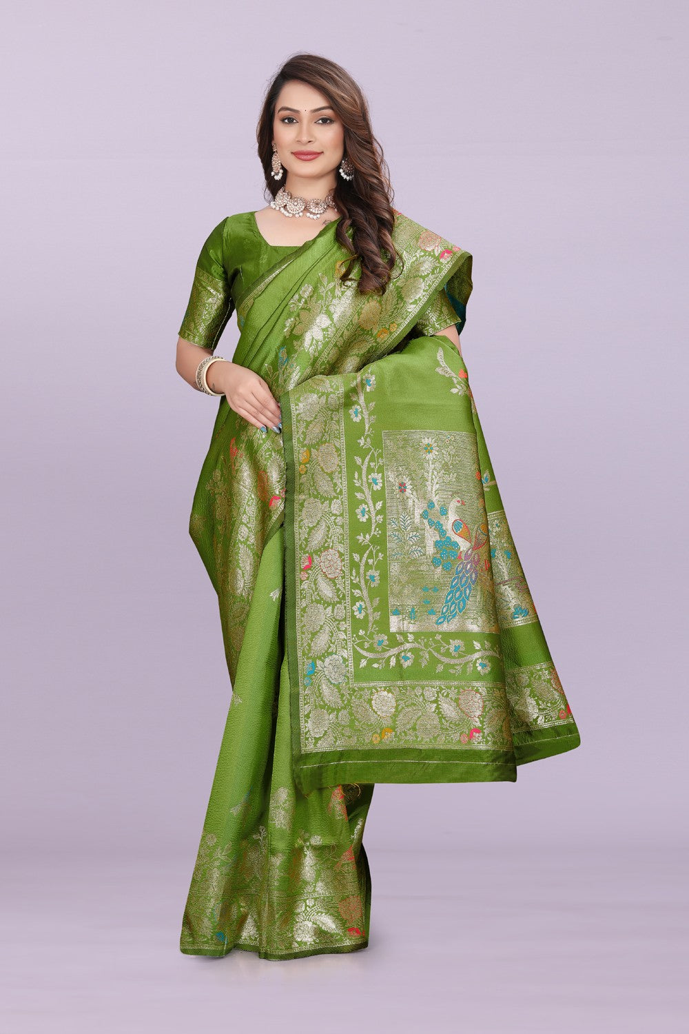 Silk Saree with Peacock Motif & Zari Border – Festive & Wedding Wear for Women