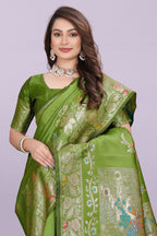 Silk Saree with Peacock Motif & Zari Border – Festive & Wedding Wear for Women