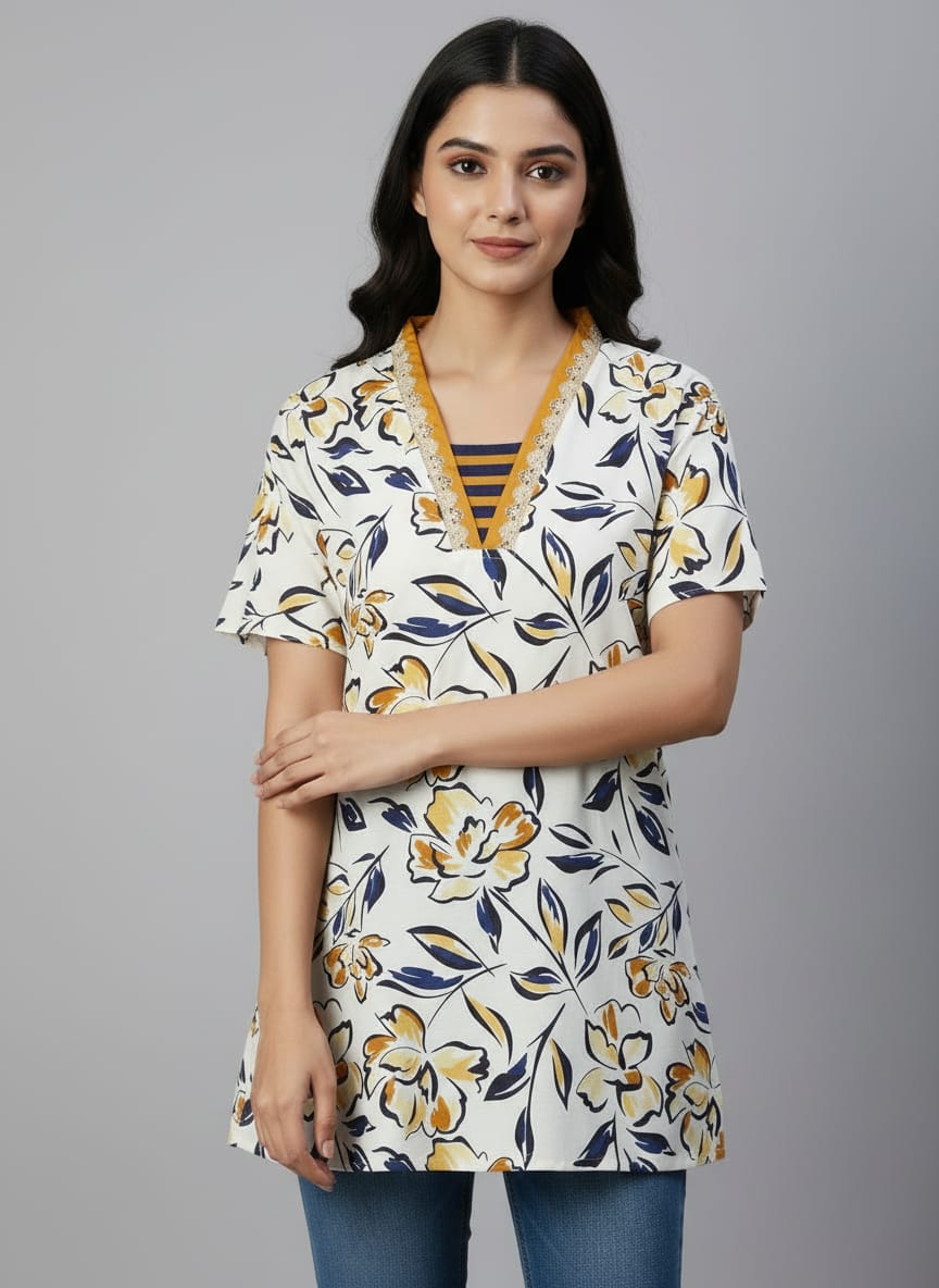 Women's Floral Print V-Neck Kurti | A-Line Casual Tunic Top for Daily Wear
