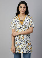 Women's Floral Print V-Neck Kurti | A-Line Casual Tunic Top for Daily Wear