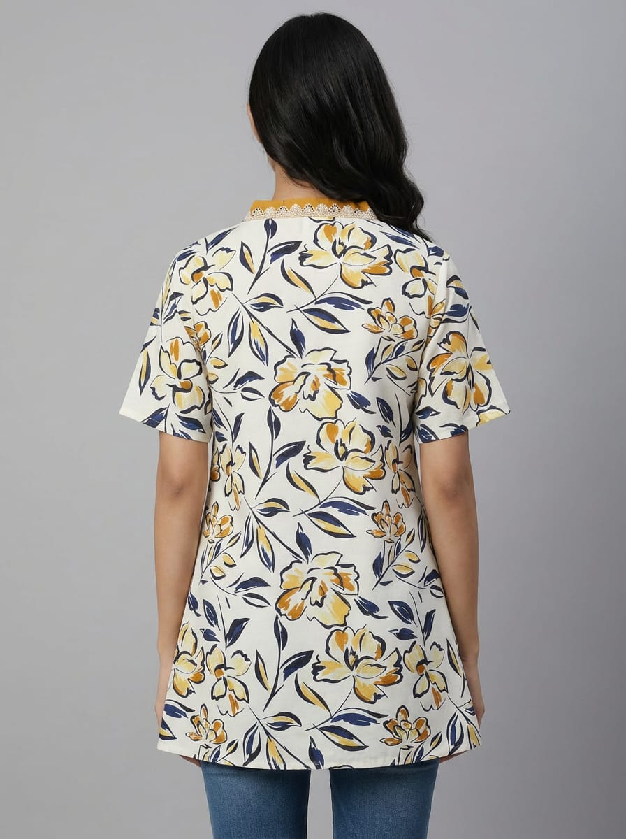 Women's Floral Print V-Neck Kurti | A-Line Casual Tunic Top for Daily Wear