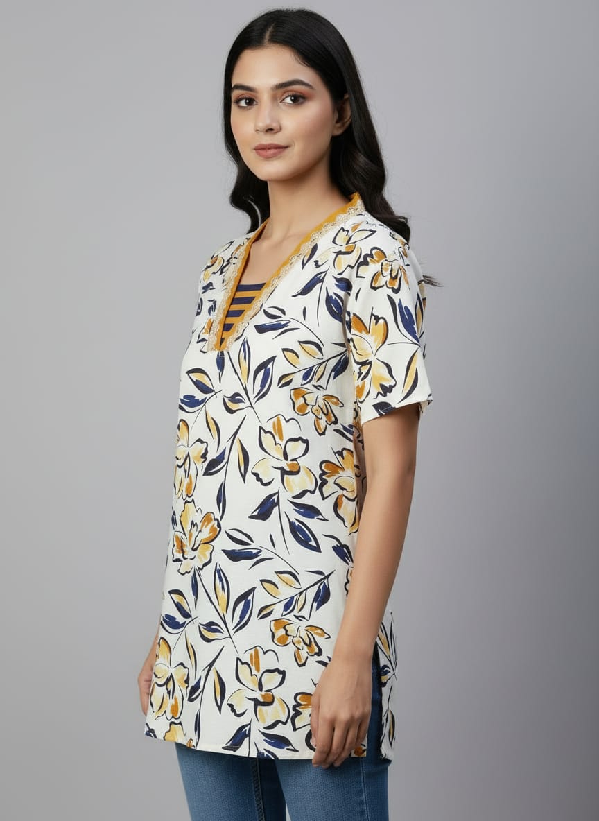 Women's Floral Print V-Neck Kurti | A-Line Casual Tunic Top for Daily Wear