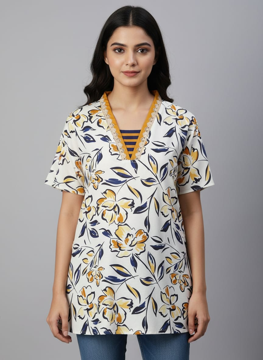 Women's Floral Print V-Neck Kurti | A-Line Casual Tunic Top for Daily Wear