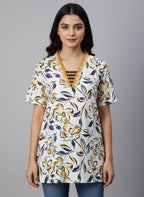 Women's Floral Print V-Neck Kurti | A-Line Casual Tunic Top for Daily Wear