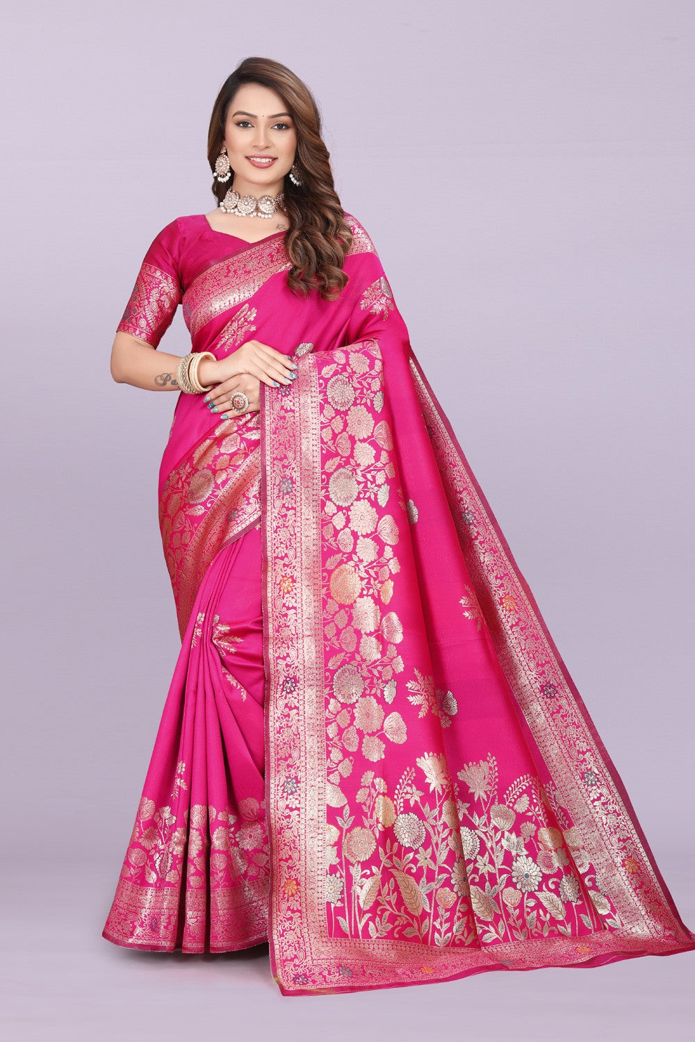 Designer Silk Saree with Floral Motif & Zari Detailing – Party & Festive Wear