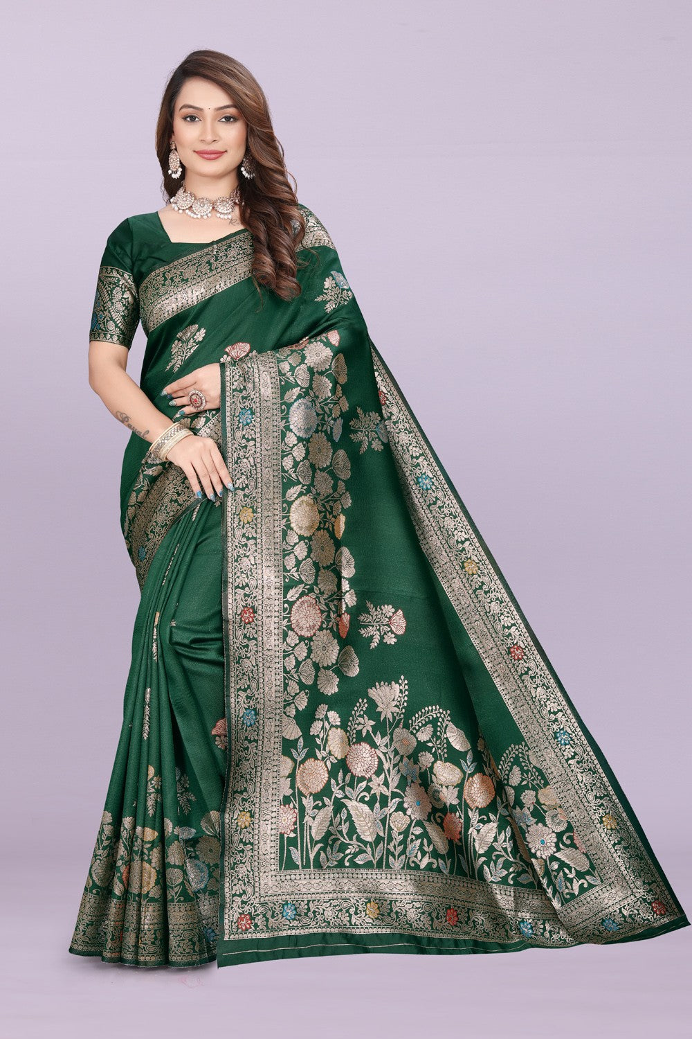 Designer Silk Saree with Floral Motif & Zari Detailing – Party & Festive Wear