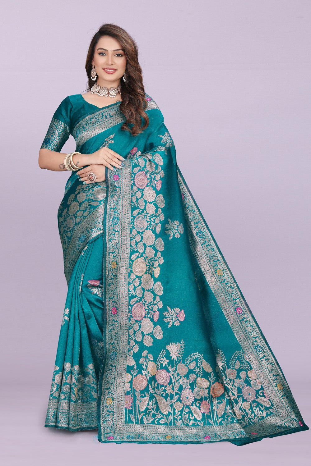 Designer Silk Saree with Floral Motif & Zari Detailing – Party & Festive Wear