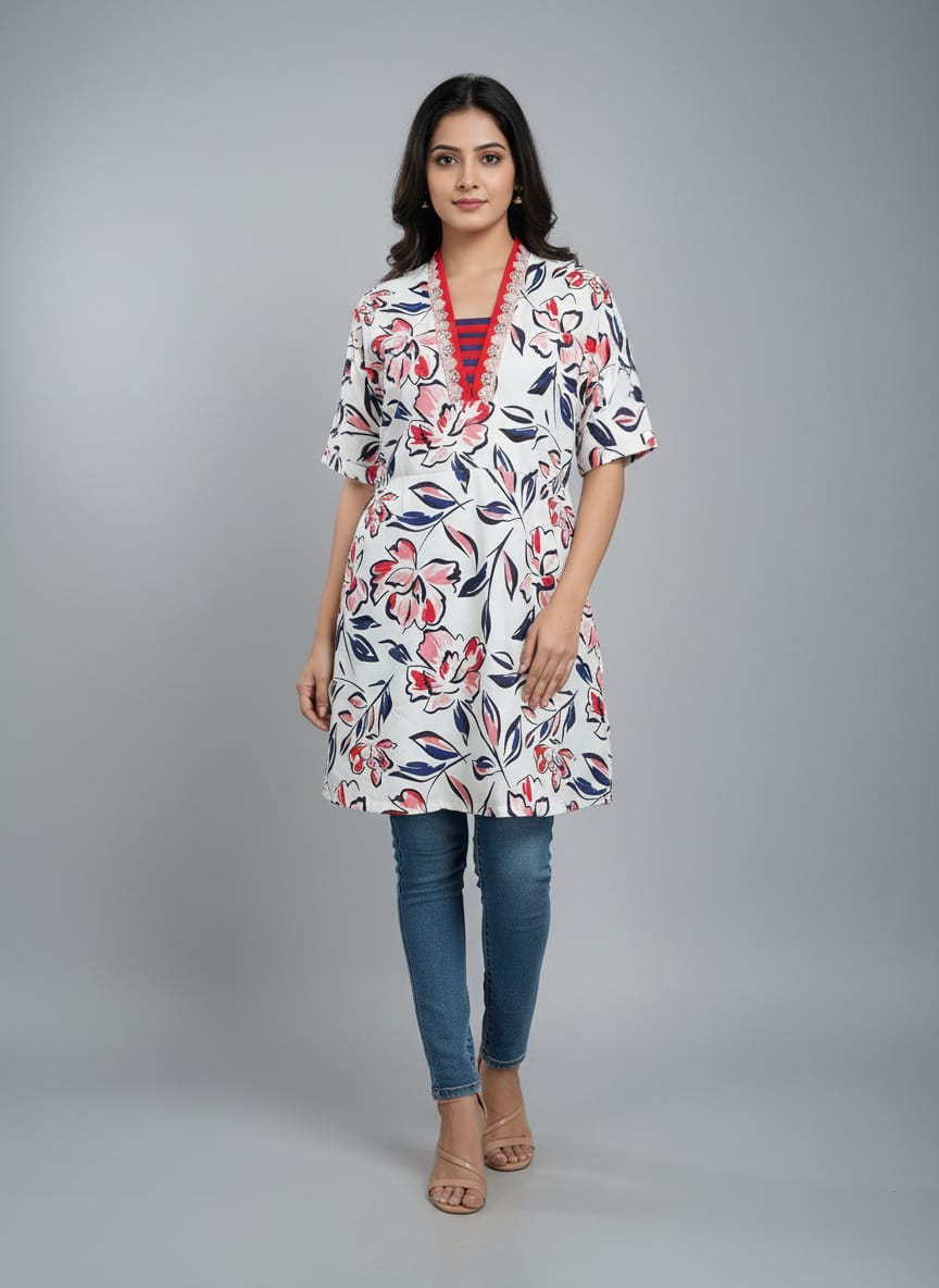 Women's Floral Print V-Neck Kurti | A-Line Casual Tunic Top for Daily Wear