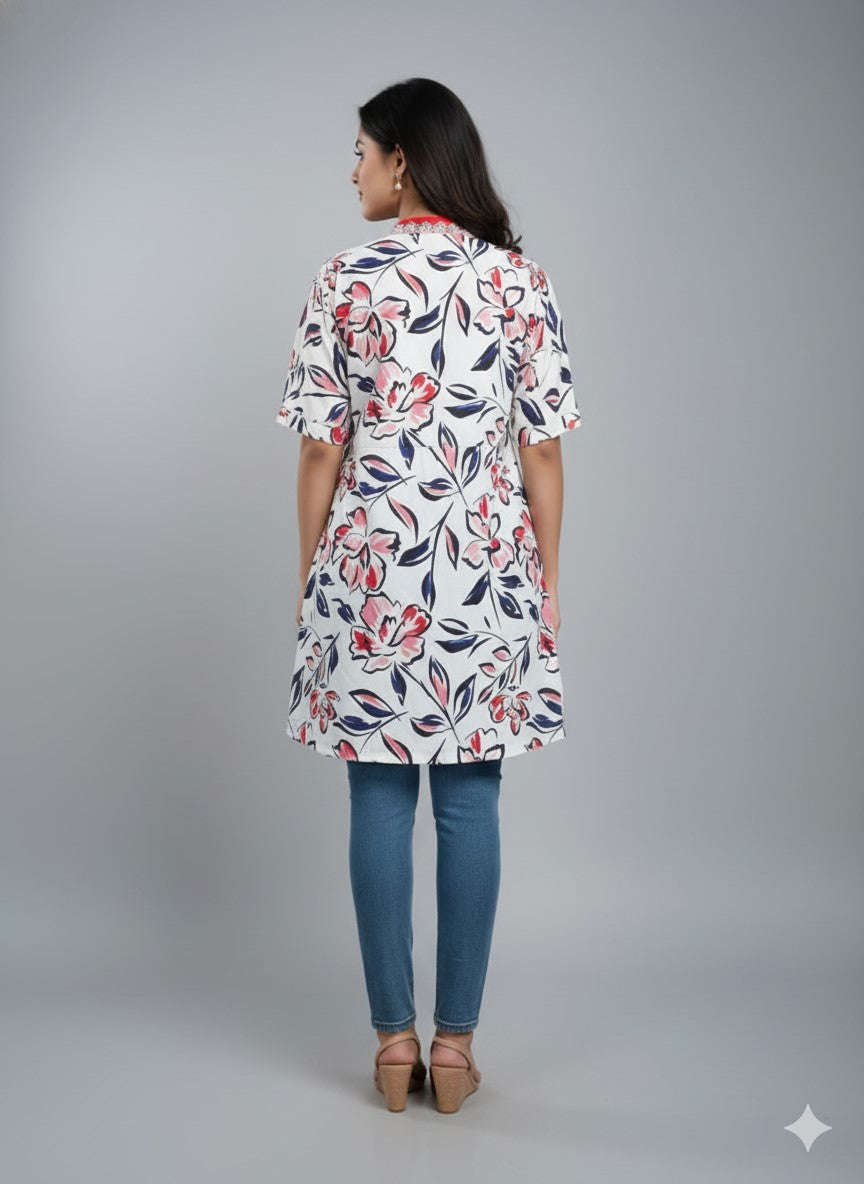 Women's Floral Print V-Neck Kurti | A-Line Casual Tunic Top for Daily Wear