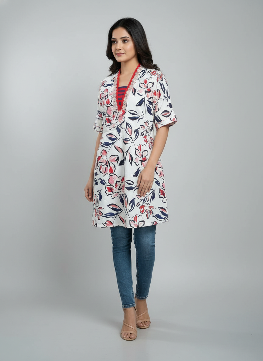 Women's Floral Print V-Neck Kurti | A-Line Casual Tunic Top for Daily Wear